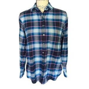 Lands' End Blue Pink Button Front Flannel Cotton Shirt Womens Size 6P